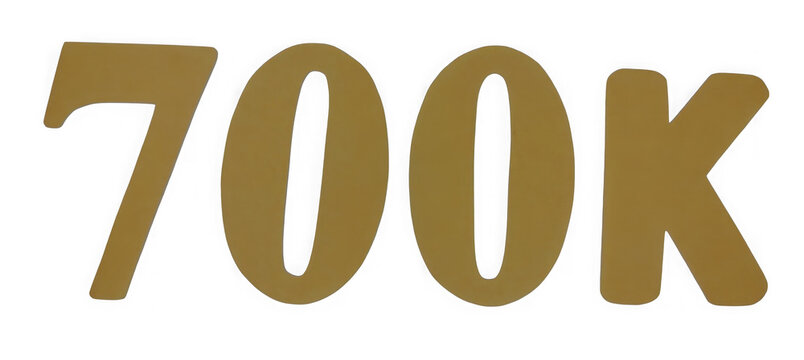 Bold gold 700k number sign for social media follower milestone and celebration isolated on transparent background
