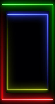 Multicolor Neon Frame with Glowing RGB Border on Black Background, Futuristic Digital Light Rectangle for Technology, Gaming, Streaming and Motion Graphics