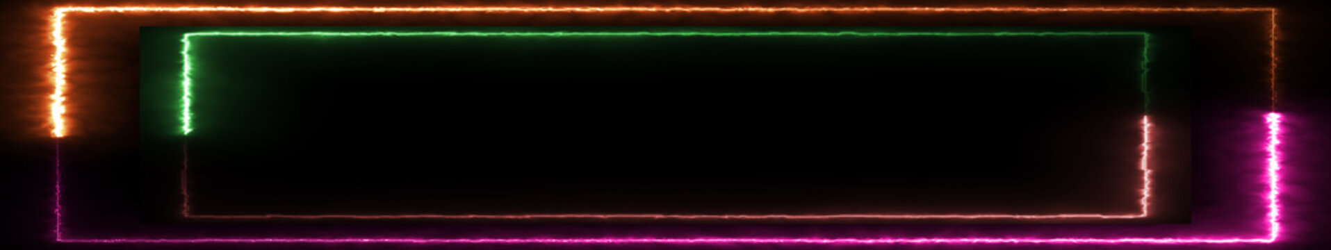 Ultrawide Neon Double Frame Border with Glowing Green Orange Pink and Red Lights on Black Background, Electric Rectangle Outline for Gaming Technology and Digital Design