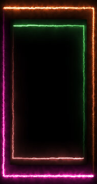Vertical Neon Double Frame Border with Glowing Green Orange Pink and Red Lights on