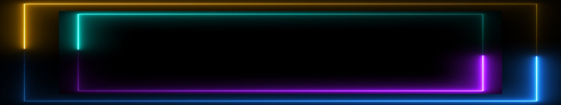 Ultrawide Neon Frame Border with Glowing Cyan Purple and Blue Lights on Black Background, Futuristic Rectangle Outline for Technology, Gaming and Digital Design