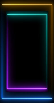 Vertical Neon Frame Border with Glowing Cyan Purple and Blue Lights on Black Background, Futuristic Rectangle Outline for Technology, Gaming and Digital Design