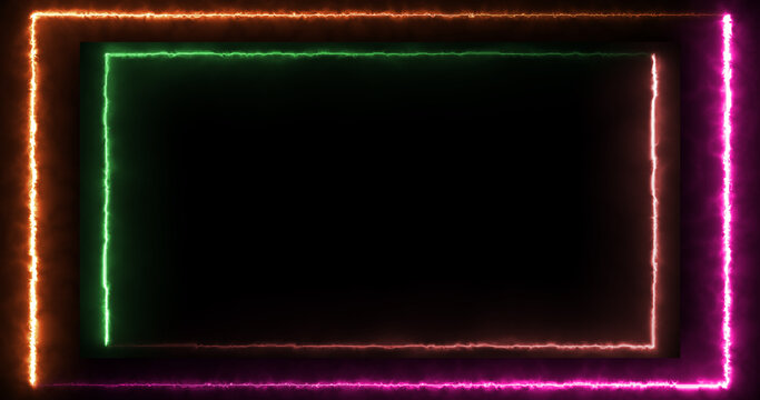 Neon Double Frame Border with Glowing Green Orange Pink and Red Lights on Black Background, Electric Rectangle Outline for Gaming Technology and Digital Design