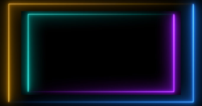 Neon Frame Border with Glowing Cyan Purple and Blue Lights on Black Background, Futuristic Rectangle Outline for Technology, Gaming and Digital Design