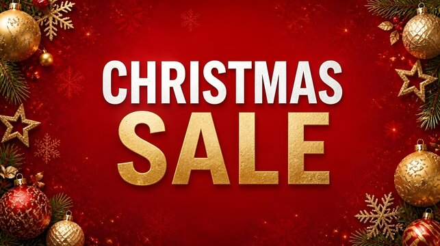 Commercial Christmas sale banner featuring clearly readable &ldquo;CHRISTMAS SALE&rdquo; typography on a festive red background, subtle snowflakes and gold ornaments, with generous copy space for retail advertisi