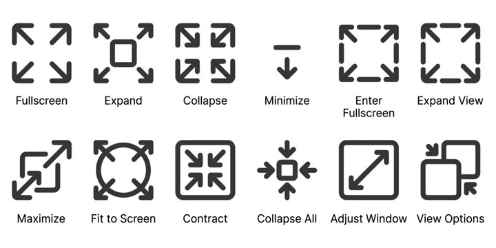 Minimalist UI icons for fullscreen and expand, 12 vector line symbols for window scaling, black interface navigation elements