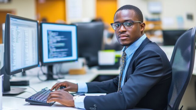 Dedicated programmer working on code at the office with dual monitors