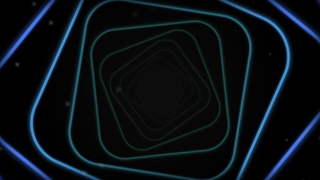glowing blue and green neon lines creating an abstract square tunnel receding into a dark futuristic digital space background