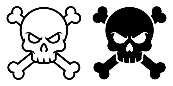 Skull and crossbones vector icons, pirate jolly roger symbols, black and white skeleton head graphics for gaming and apparel