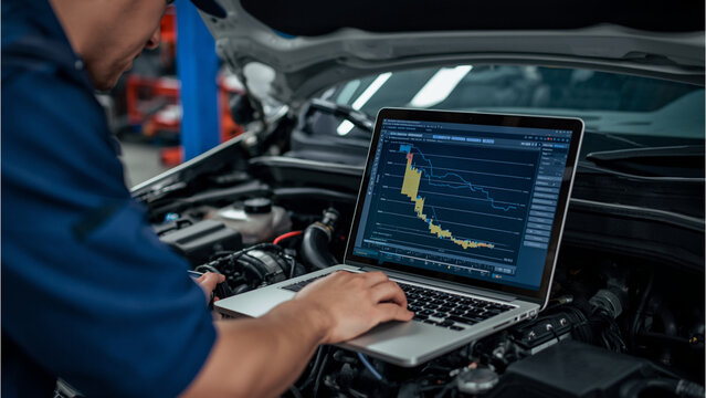 Car mechanic using laptop for engine diagnostics and vehicle maintenance in auto repair shop