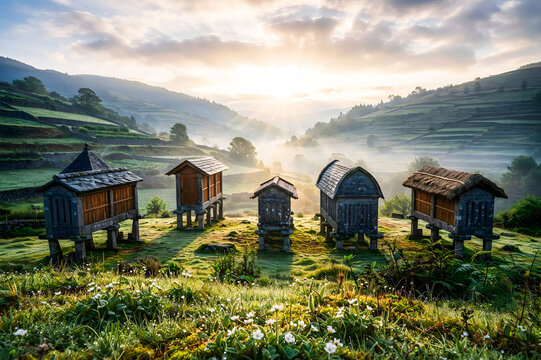 Traditional stone granaries in misty mountain valley at sunrise