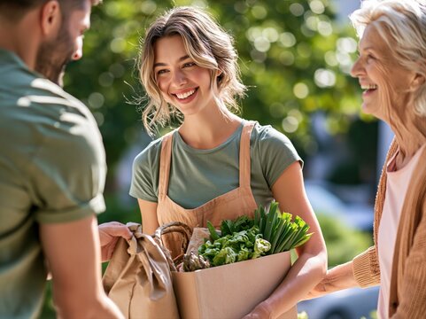 People enjoy a moment outside with groceries at a sunny home setting in the afternoon