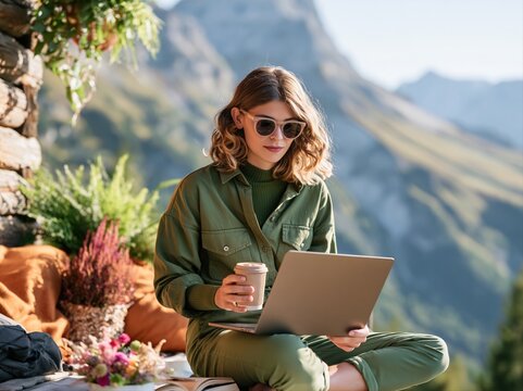 Young person works on laptop while sitting outdoors with mountain view and holding coffee cup