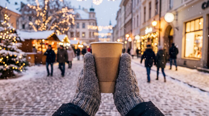 Hands in knitted mittens holding takeaway coffee cup on festive winter street