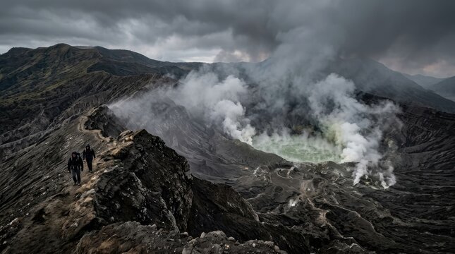 Dramatic volcanic crater rim overlooking steaming sulfur vents and a churning acid lake under a stormy sky