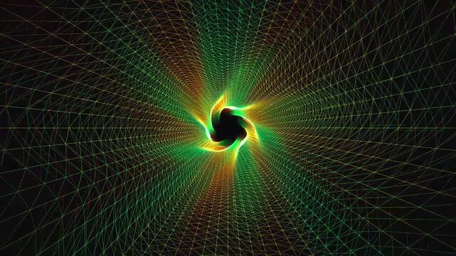 Abstract digital vortex animation with neon green and gold glowing lines