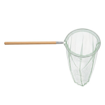 A simple fishing net with a wooden handle and a green mesh on a white background