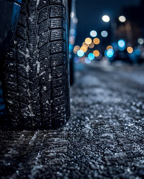 Close up of winter studded car tire on frozen slippery icy asphalt road at night