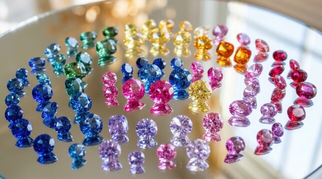 Collection of faceted sapphires in a rainbow of colors displayed on a reflective surface