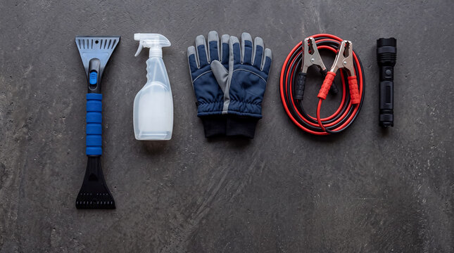 Winter car emergency kit flat lay with deicer spray warm gloves and jumper cables