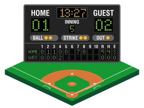 Isometric baseball field and digital scoreboard vector illustration