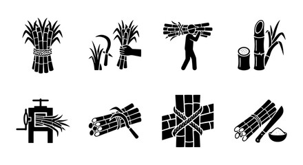 Fototapeta premium Sugarcane Harvest and Processing Icons, Agricultural Industry Vector Set