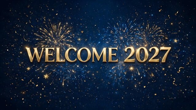 Premium New Year banner featuring clearly readable &ldquo;WELCOME 2027&rdquo; in metallic gold typography on a midnight blue background, with elegant fireworks, sparkling particles and luxurious champagne-inspire