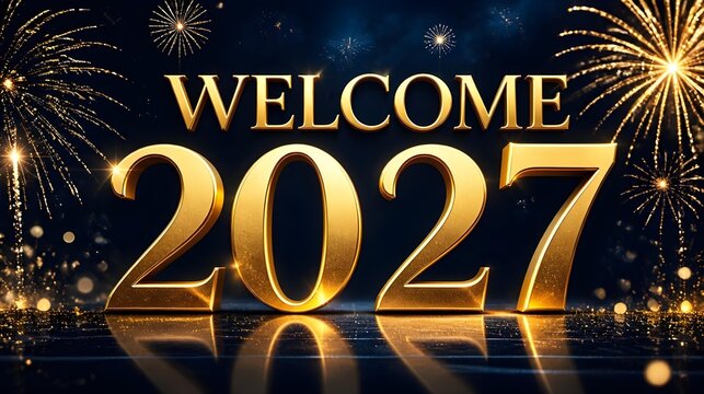 Premium New Year banner featuring clearly readable &ldquo;WELCOME 2027&rdquo; in metallic gold typography on a midnight blue background, with elegant fireworks, sparkling particles and luxurious champagne-inspire