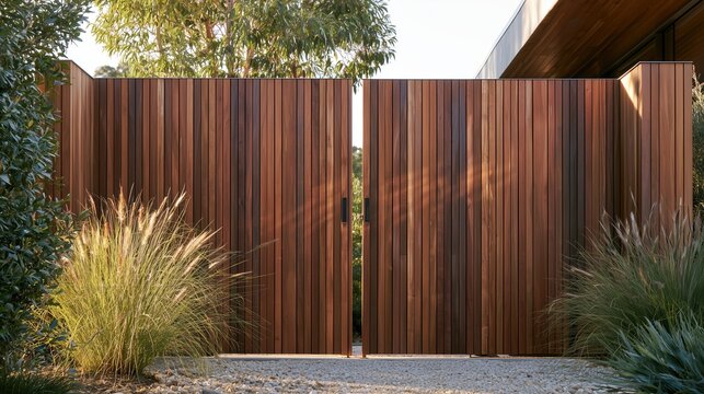Modern vertical wooden slat gate with black handles. Contemporary residential entrance with ornamental grasses and gravel path. Privacy timber fence design