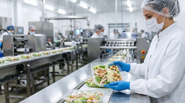 Food factory worker inspecting packaged salads on production conveyor belt