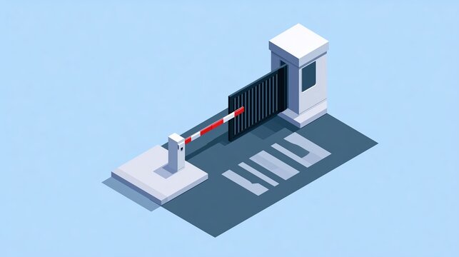 Isometric 3D illustration of security barrier gate and guard booth on blue background. Access control and restricted entry concept