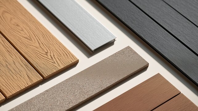Flat lay of modern building material samples including wood and composite decking. Architectural color and texture palette for home renovation