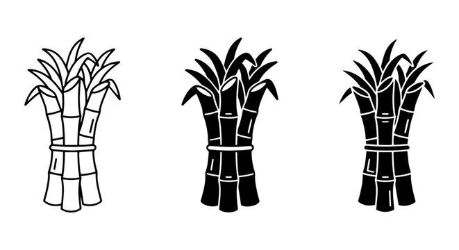 Sugarcane Bundles Vector Icons, Black and White Stalks, Sweet Crop Illustrations