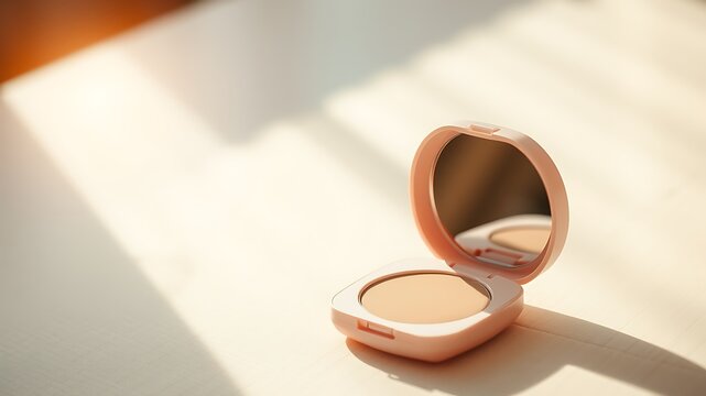 Open compact powder with mirror and soft light casting shadows makeup cosmetic