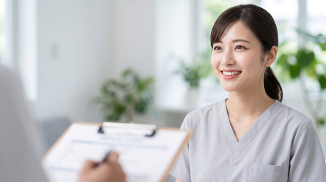診察を受ける医療従事者または患者の女性の笑顔の医療イメージ