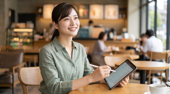カフェでタブレットとタッチペンを使いスケジュール確認する笑顔の女性