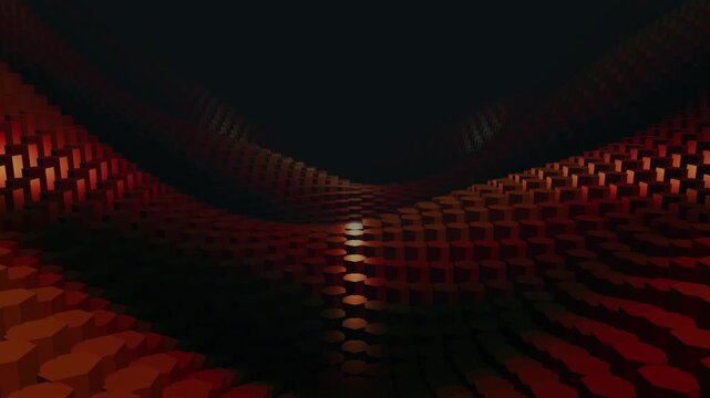 Abstract 3D voxel wave animation with glowing red orange geometric surface