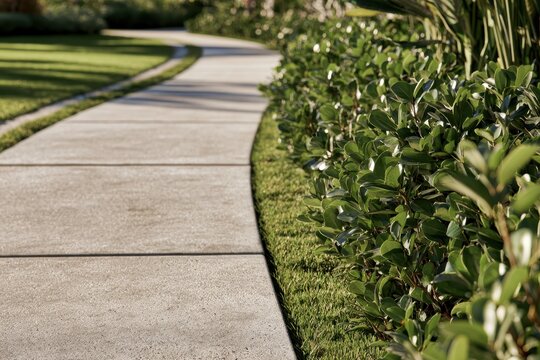 Lush Clusia hedge guiding a sleek concrete walkway in a sunlit yard