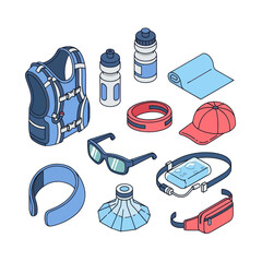 Flat design illustration of outdoor sports gear collection.