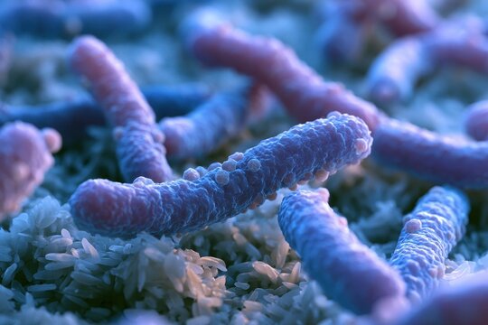 Macro 3D render of gram-positive rod bacteria with endospores in contaminated food