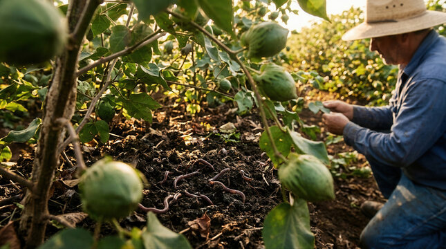 Farmer examining soil quality in a sustainable cotton field using organic methods and cover crop techniques