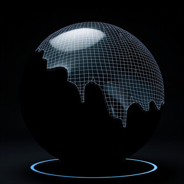 3d surrealism melting digital grid pattern sliding off glossy black sphere otherworldly cyberpunk aesthetic visual distortion