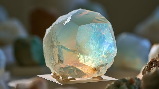 Macro photograph of a translucent opalite specimen in a cabinet of minerals