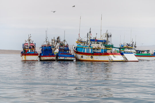 A view from Paracas Bay towards fishing boats moored together in Paracas, Peru in the dry season