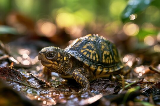 Macro portrait of a newborn ornate box turtle on leaf litter, vivid shell pattern and curious gaze
