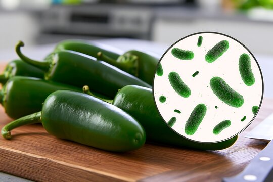 Fresh jalapeno peppers on a kitchen cutting board with magnified bacteria concept, illustrating Salmonella contamination, produce recall, foodborne illness and food safety awareness