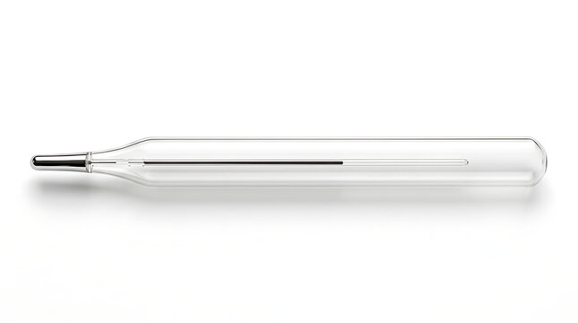 Blank glass medical thermometer without markings, isolated on white background, close-up minimalist design