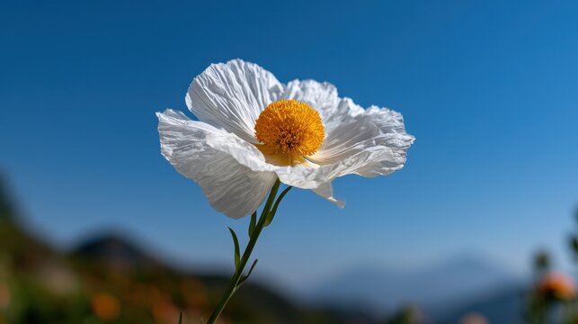 Majestic matilija poppy bloom against a vivid blue sky backdrop