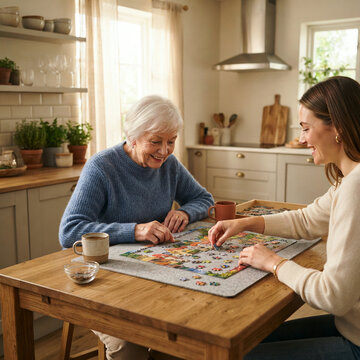 Older woman and caregiver smiling over a jigsaw puzzle at a warm kitchen table