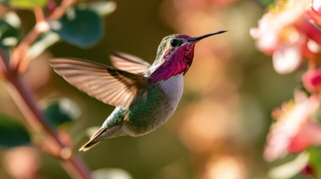 Male Calliope hummingbird in flight with iridescent gorget among garden blooms